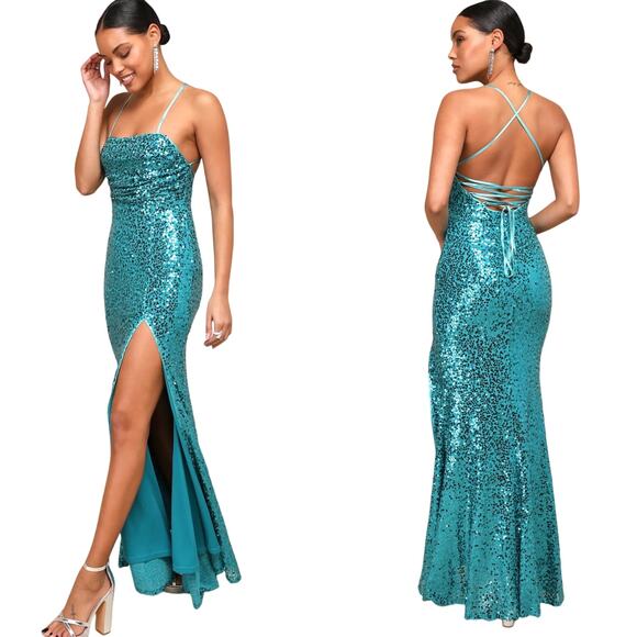 Lulus Glowing Praise Teal Blue Sequin Lace-Up Maxi Dress size Small NWT - Picture 1 of 8